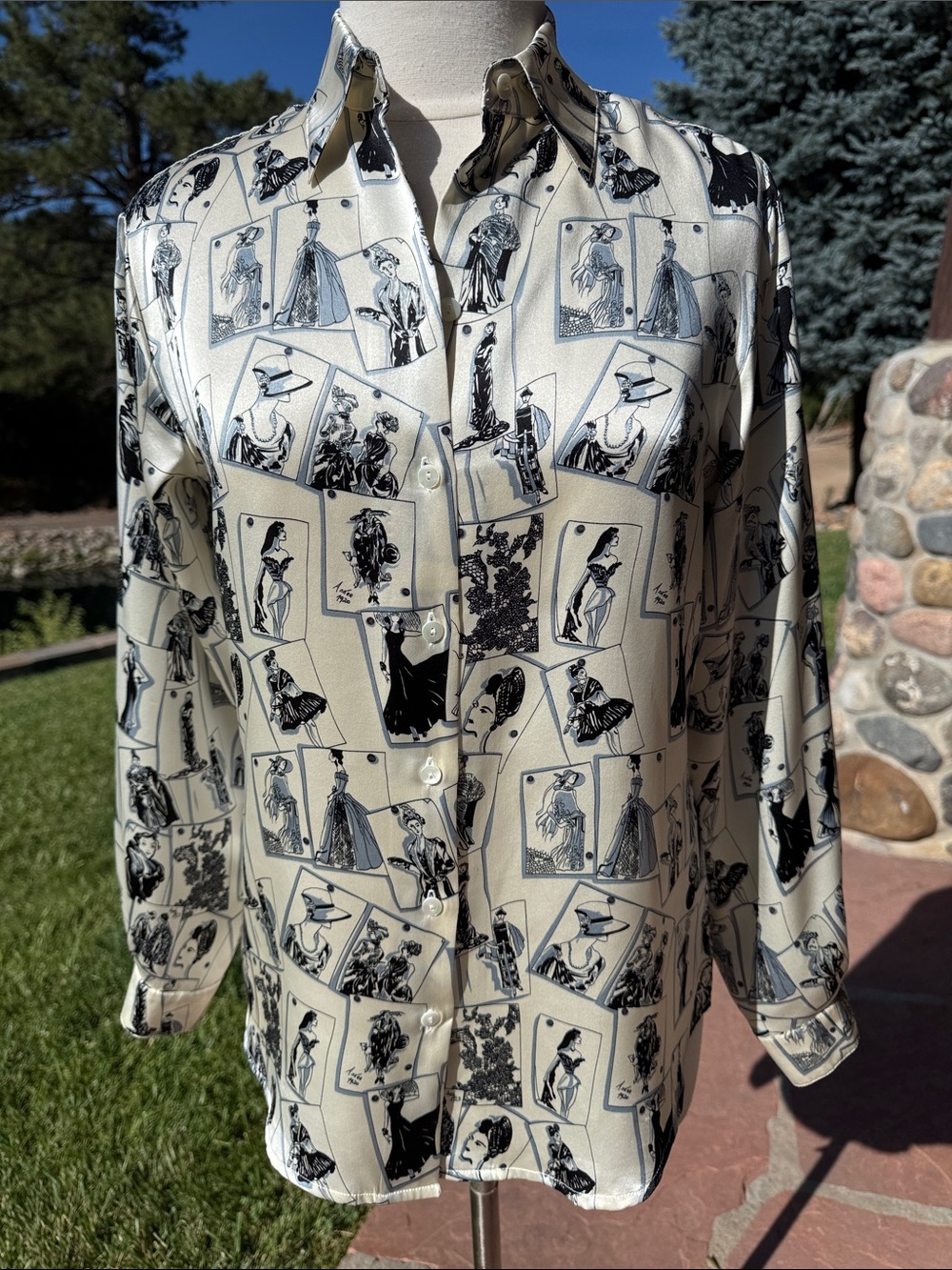 ISHYU  Silk Cream Button-Down Shirt with Black & Blue Fashion Sketch Print